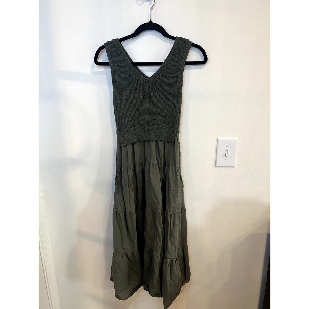 By West Olive Green Mixed Media Tiered Midi Dress Small